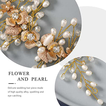 Flower Bride Wedding Hair Accessory Crystal Headpiece Hair Vine | Silver Leaf Bridal Hair Accessories Pearl Headpieces for Women - color: Gold