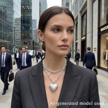 Puffy Heart Pendant Necklace for Women | Long and Short Pendant Necklace with 18K Gold Plated Heart Charm Statement Fashion Jewelry Gift - size: Long, style: Silver Chain & Heart