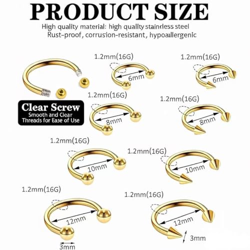 KREZIP 12 PCS 16G Hinged Segment Septum Rings Surgical Steel Horseshoe Piercing Rings Eyebrow Lip Cartilage Helix Tragus Earrings Piercing Jewelry for Women Men 6/8/10/12MM Gold Plated/Silver - style: 16G 6/8/10/12mm-Gold