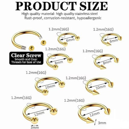 KREZIP 12 PCS 16G Hinged Segment Septum Rings Surgical Steel Horseshoe Piercing Rings Eyebrow Lip Cartilage Helix Tragus Earrings Piercing Jewelry for Women Men 6/8/10/12MM Gold Plated/Silver - style: 16G 6/8/10/12mm-Gold