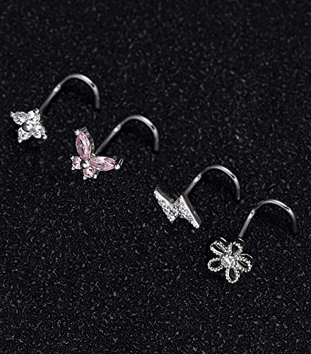 9Pcs Nose Rings Stud L Bone Screw Shaped Nose Ring Flower CZ Snowflake Butterfly Screw Nose Stud Body Piercing Jewelry for Women Men 20G Silver Gold Rose Gold Tone - color: G:Silver Tone&Screw Shaped