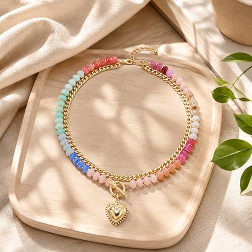 Colorful Beaded Necklace For Women, Boho Double Layered Chunky Gold Cuban Chain Rainbow Beads Heart Pendant Y2K Statement Choker Summer Beach Jewelry Gift - color: Layered-colorful