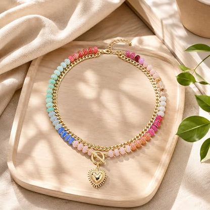 Colorful Beaded Necklace For Women, Boho Double Layered Chunky Gold Cuban Chain Rainbow Beads Heart Pendant Y2K Statement Choker Summer Beach Jewelry Gift - color: Layered-colorful
