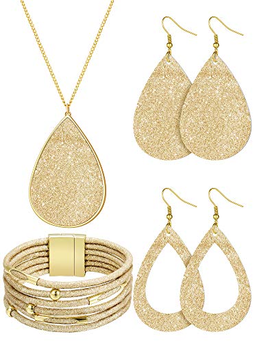 Hicarer 4 Pcs Jewelry Sets for Women Glitter Necklace and Earring Set Multi Layer Bracelet Costume Jewelry Sets for Bridal Shower Wedding - color: Gold