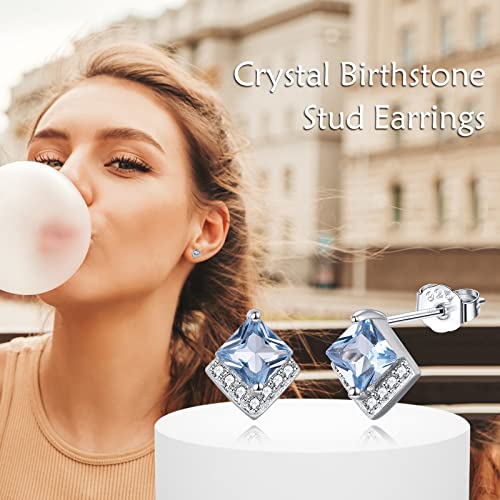 Birthstone Stud Earrings Sterling Silver Square Created Crystal Earrings Cubic Zirconia Hypoallergenic Piercing Jewelry Small Gifts for Women Mothers - color: Mar-Aquamarine