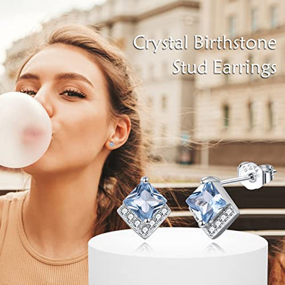 Birthstone Stud Earrings Sterling Silver Square Created Crystal Earrings Cubic Zirconia Hypoallergenic Piercing Jewelry Small Gifts for Women Mothers - color: Mar-Aquamarine