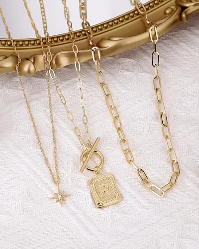 MJartoria Layered Initial Necklaces for Women | 14K Gold Plated Brass, Star Choker, Square Letter Pendant, Paperclip Chain - color: Gold, style: R