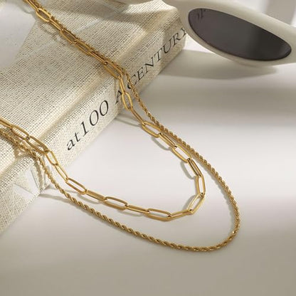 Layered Gold Necklaces for Women14K Gold Planted Non Tarnish | Cuban, Herringbone,Figaro,Paperclip Chain Layering Stack Choker Necklace , Trendy Jewelry Gift for Women - color: E