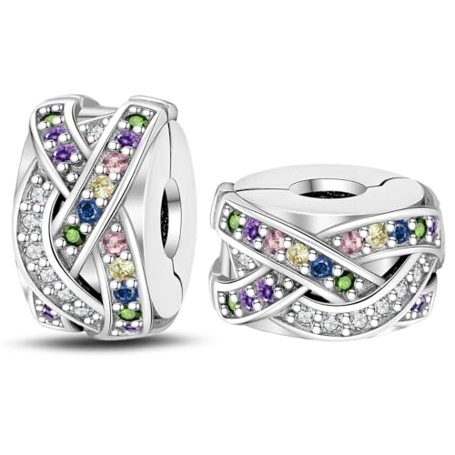 925 Sterling Silver Stopper Clip Charms for Bracelet Necklace Spacer Beads with 5A Cubic Zirconia Mother's Day Christmas DIY Gift for Women(2PCS) - style: Colorful double-ring retaining clip