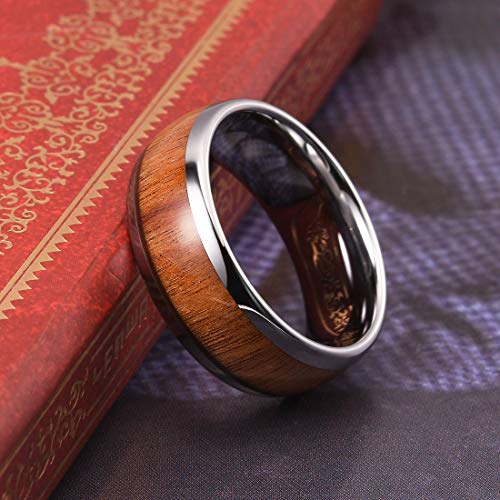 THREE KEYS JEWELRY Tungsten Wedding Band Koa wood Inlay Black Domed | 4mm, 6mm, 8mm, Everyday Wear, Black, Domed, Koa wood inlay - color: Silver 8mm