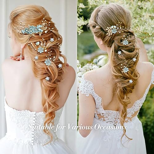 Cinaci 18 Pieces Bridal Wedding Party Prom Pearl Rhinestone Light Green Flower Hair Side Combs Slides+U-shaped Flower Hair Pins+Twist Spiral Hairpins Floral Headpieces for Brides Bridesmaids Women Gir - color: Light Green