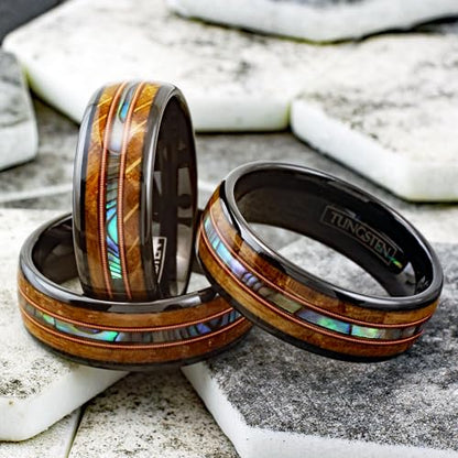 Gorgeous Unique 6mm/8mm Black Tungsten Carbide Band Ring with Dazzling Abalone Between Two Genuine Guitar Strings And Whiskey Barrel Oak Wood.