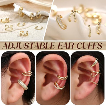 12Pcs Ear Cuff Earrings for Women Non Piercing 14K Gold Plated Ear Cuffs Non Pierced Clip on Cartilage Earring Adjustable Fake Earrings - color: 14 K Gold Ear Cuffs