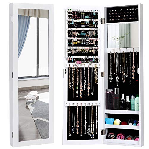 Giantex Wall Mounted Jewelry Cabinet with Full Length Mirror, Over The Door Jewelry Armoire Organizer with Large Storage, Makeup Mirror & Velvet Lining (White) - color: White