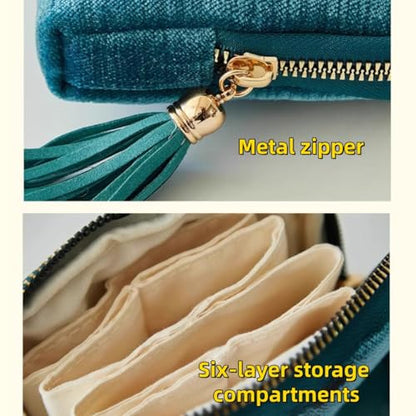 Small Travel Jewelry Pouch Velvet Case with Zipper 6 Compartment | Accessory pouch
