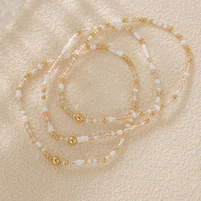 Small Seed Beaded Stack Bracelets Set for Women,Boho Handmade 3Pcs Colorful Glass Gold Stretch Accessories Jewelry, Summer Beach Wear Holiday Friendship Gift - color: Peach