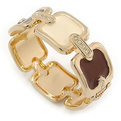 Avalaya Cream/Brown Enamel Square, Crystal Hinged Bangle Bracelet In Gold Tone - 19cm L
