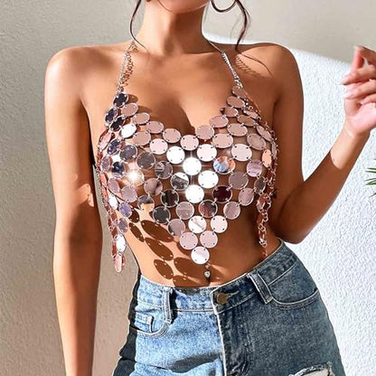 Sequins Body Chain Bra Top Rose Gold Crop Top Chain Sexy Backless Beach Bikini Club Chest Body Chain Jewelry for Women