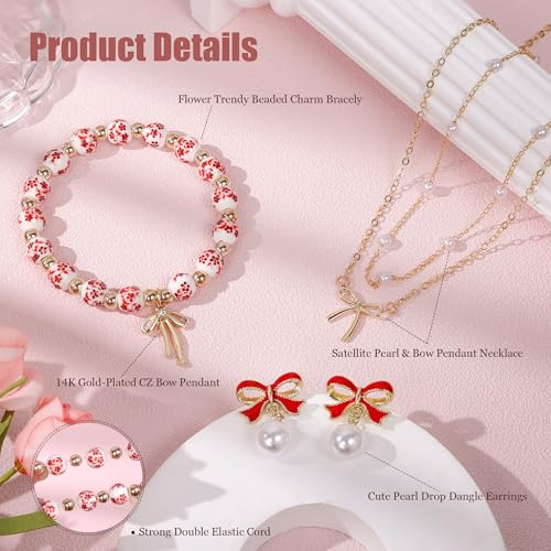Bow Bracelet Necklace Earring Set for Women 14K Gold Plated Dainty Bow Necklace Flower Trendy Beaded Charm Bracelet Cute Pearl Drop Dangle Earrings Love Romantic Jewelry Gifts - color: red