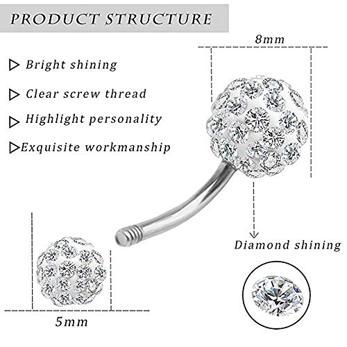 Gabry&jwl Crystals Belly Button Rings14G Stainless Steel Curve Navel Rings Shamballa CZ Sparkly Disco Balls Belly Rings Belly Piercing Jewelry for Women