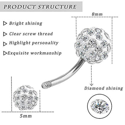 Gabry&jwl Crystals Belly Button Rings14G Stainless Steel Curve Navel Rings Shamballa CZ Sparkly Disco Balls Belly Rings Belly Piercing Jewelry for Women