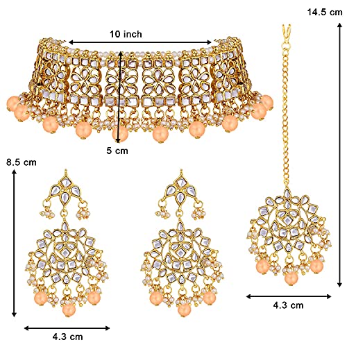 Aheli Elegant Indian Faux Kundan Studded Choker Necklace with Maang Tikka Set Ethnic Wedding Wear Bharatanatyam jewellery set Gift for Women - color: Peach