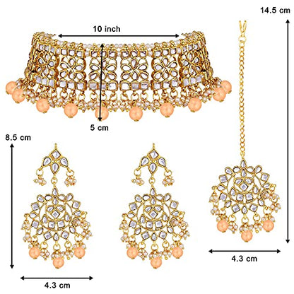 Aheli Elegant Indian Faux Kundan Studded Choker Necklace with Maang Tikka Set Ethnic Wedding Wear Bharatanatyam jewellery set Gift for Women - color: Peach