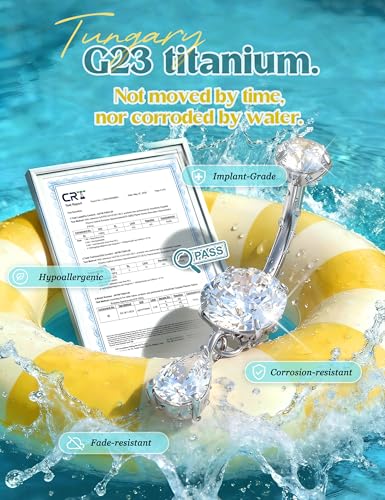 Tungary G23 Titanium Belly Button Rings for Women 14G Internally Threaded | Hypoallergenic Long Navel Piercing Jewelry, 3/8" Implant Grade Dangle Belly Button Piercing, 5A CZ, with Vacuum PVD Finish - color: Drop: Titanium Silver
