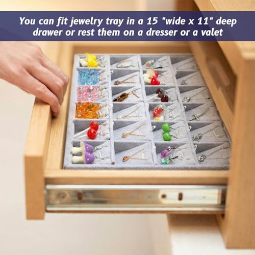 2 Pcs 24 Grid Stackable Jewelry Organizer Tray with Removable Dividers Ice Velvet Jewelry Display Showcase Tray for Necklace Earring Ring Bracelet Holder (Gray Velvet) - color: Gray Velvet