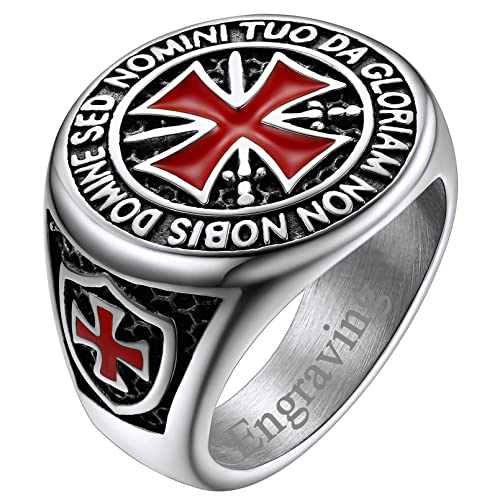 FaithHeart Mens Stainless Steel Crusader Jerusalem Cross Ring with 18K Gold Plated Two Tone Ring Size 7,8,9,10,11,12 - color: 06. Crusader Cross-Silver(Custom)
