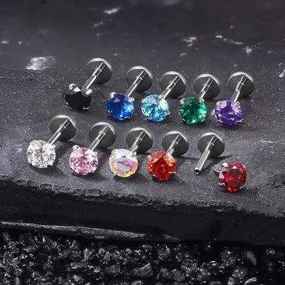 Titanium Flat Back Lip Rings Threadless Push in Earrings Studs Nose Rings 20G 18G 16G Mix Colors CZ Tragus Cartilage Lobe Rook Helix Conch Labret Medusa Nostril Piercing Jewelry for Women Men - size: 16G 6mm - 4mm CZ