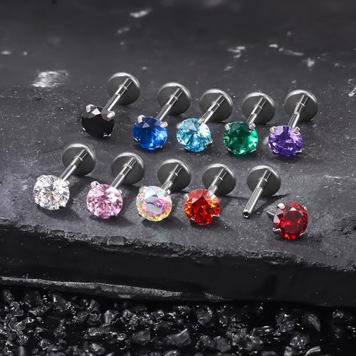 Titanium Flat Back Lip Rings Threadless Push in Earrings Studs Nose Rings 20G 18G 16G Mix Colors CZ Tragus Cartilage Lobe Rook Helix Conch Labret Medusa Nostril Piercing Jewelry for Women Men - size: 16G 10mm - 4mm CZ