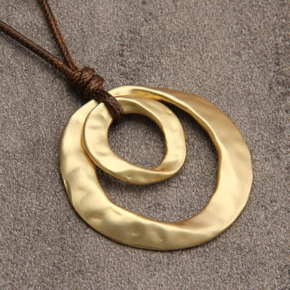 GelConnie Leather Necklace for Women Round Wooden Pendant Long Leather Choker Vintage Sweater Necklace Gold Chunky Boho Necklaces for Women - style: 2 Circles Gold Necklace