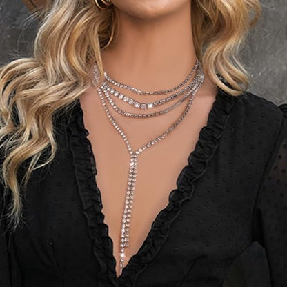 Layered Wedding Choker Rhinestone Necklace Sparkly Long Crystal Neck Chain for Women - color: Silver