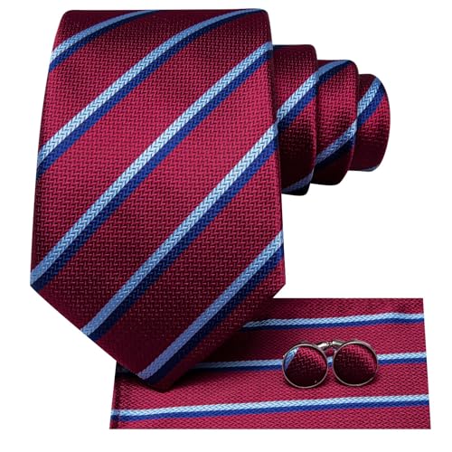 Dubulle Mens Paisley Striped Tie Woven Necktie for Men and Handkerchief Cufflinks Set Wedding Formal Business - color: Burgundy
