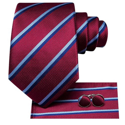 Dubulle Mens Paisley Striped Tie Woven Necktie for Men and Handkerchief Cufflinks Set Wedding Formal Business - color: Burgundy