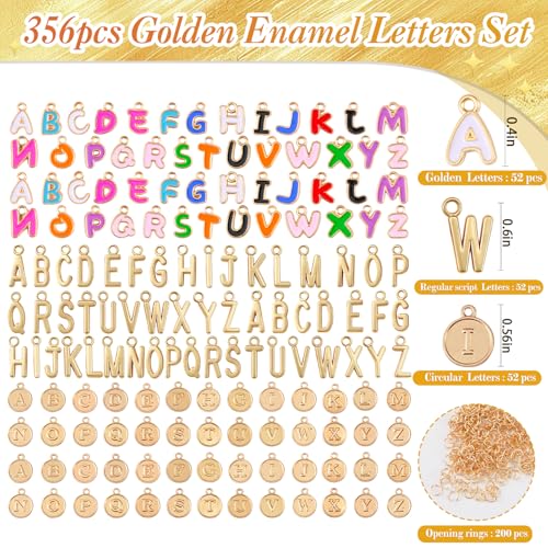 Riwiuue Letter Charms for Jewelry Making | Includes 156 Gold & Enamel Initial Charms and 200 Jump Rings for Keychains, Bracelets, Necklaces, DIY Crafts - color: Gold ＆ Colorful Charm Set