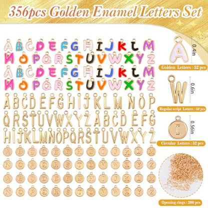 Riwiuue Letter Charms for Jewelry Making | Includes 156 Gold & Enamel Initial Charms and 200 Jump Rings for Keychains, Bracelets, Necklaces, DIY Crafts - color: Gold ＆ Colorful Charm Set