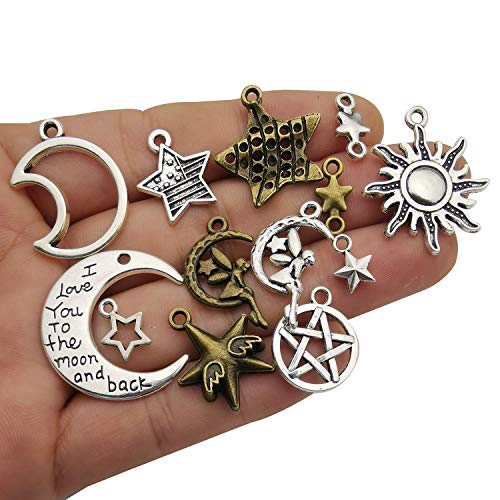 100g(About 76pcs) Craft Supplies Small Antique Bronze Silver Sun Moon Star Charms Pendants for Jewelry Making Findings Crafting Accessory for DIY Necklace Bracelet (M206) - color: Sun Star Moon