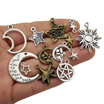 100g(About 76pcs) Craft Supplies Small Antique Bronze Silver Sun Moon Star Charms Pendants for Jewelry Making Findings Crafting Accessory for DIY Necklace Bracelet (M206) - color: Sun Star Moon