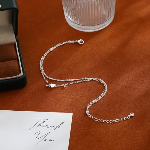 ASCOMY Ankle Bracelets for Women 14K Gold/Silver Plated Anklets for Women Waterproof Layered Cute Beads Dot Shining Twist Rope Chain Pearl Bar Link Heart Anklets Summer Beach Foot Chain Jewelry Gifts - style: CZ Heart Satellite-SL