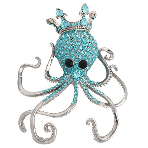 EVER FAITH Women's Austrian Crystal Lovely Octopus Animal Brooch - color: Silver-Tone Light Blue