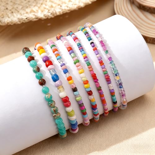 Handmade Stackable Rice Seed Beaded Ball Bracelets set for women, Romantic Boho Trendy Acrylic Glass Stretch Accessories Multi Layer Jewelry, Daily Wear Party Holiday Friendship Gift - color: Rainbow