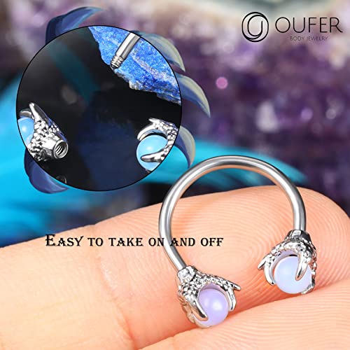 OUFER 316L Surgical Steel Circular Earrings Two White Opals Surrounded by Dragon Claws Cartilage Earing Ear Body Piercing Jewelry Helix Earrings Piercing… - color: Steel Opalite