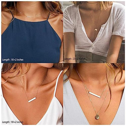 ASCOMY Layered Necklaces for Women Dainty Gold Necklace 14K Gold Plated Herringbone Necklace for Women Pearl Cross Necklace Paperclip Cuban Figaro Rope Satellite Chain Gold Choker Trendy Jewelry Gift - style: 3Layered Bar Pearl Hammered-GD