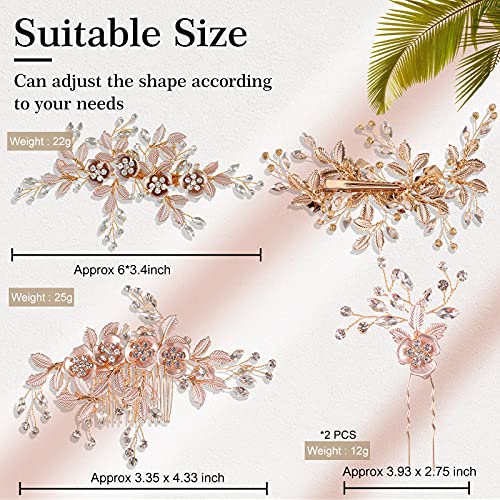 4 Pieces Bridal Rose Gold Hair Accessories for Brides and Bridesmaids Rhinestone Hair Pins Crystal Flower Barrette Wedding Combs with Leaves