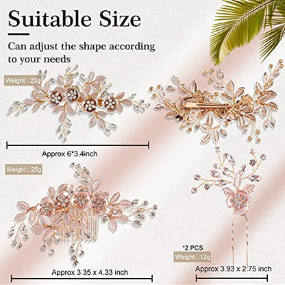 4 Pieces Bridal Rose Gold Hair Accessories for Brides and Bridesmaids Rhinestone Hair Pins Crystal Flower Barrette Wedding Combs with Leaves