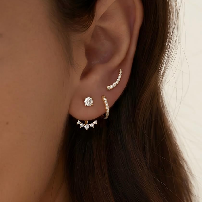 Gelbesty Gold Stud Earrings Set for Women, 3 Pairs Huggie Hoop Jacket Studs Earring Stacks - color: Gold