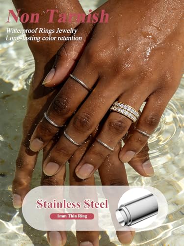 FOCALOOK 28 PCS Knuckle Ring Set 1MM Stainless Steel Women's Thin Plain Band Stacking Midi Finger Rings Set Comfort Fit Silver/Black/Gold/Rose Tone Size 4-10 - color: 01.Stainless steel,7pcs