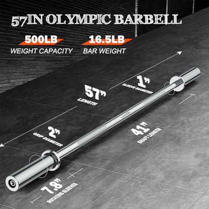 57"Olympic Barbell Bar, 2" Standard Straight Bars for Weight Lifting | Barbells Bar for Bench Press/Squats/Hip Thrusts/Lunges/Biceps- Home Gym Weight Bar- 2 Spring Collars(500lb Weight Capacity) - color: Silver